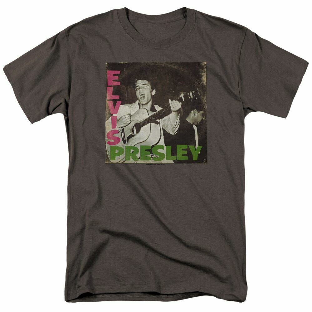Elvis Presley First LP T Shirt Mens Licensed The King of Rock Tee Charcoal