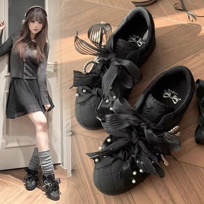 Осенние женские спортивные туфли, повседневные кроссовки, новая мода 2025, шнуровка, обувь для бега и ходьбы, женские туфли в стиле Лолита с жемчужным кружевом