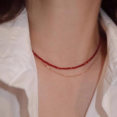 GEN Серебро 925 Кристальная бусина Красное ожерелье Ожерелье из драгоценных камней