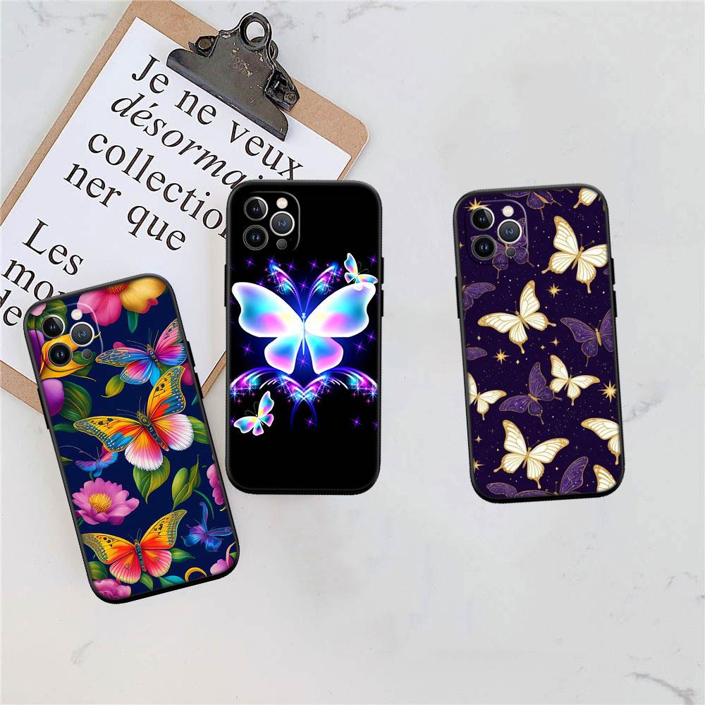 FM17 Colorful Butterfly Soft Shell Phone Case for iPhone 16 15 14 13 12 Pro Max Plus Mini