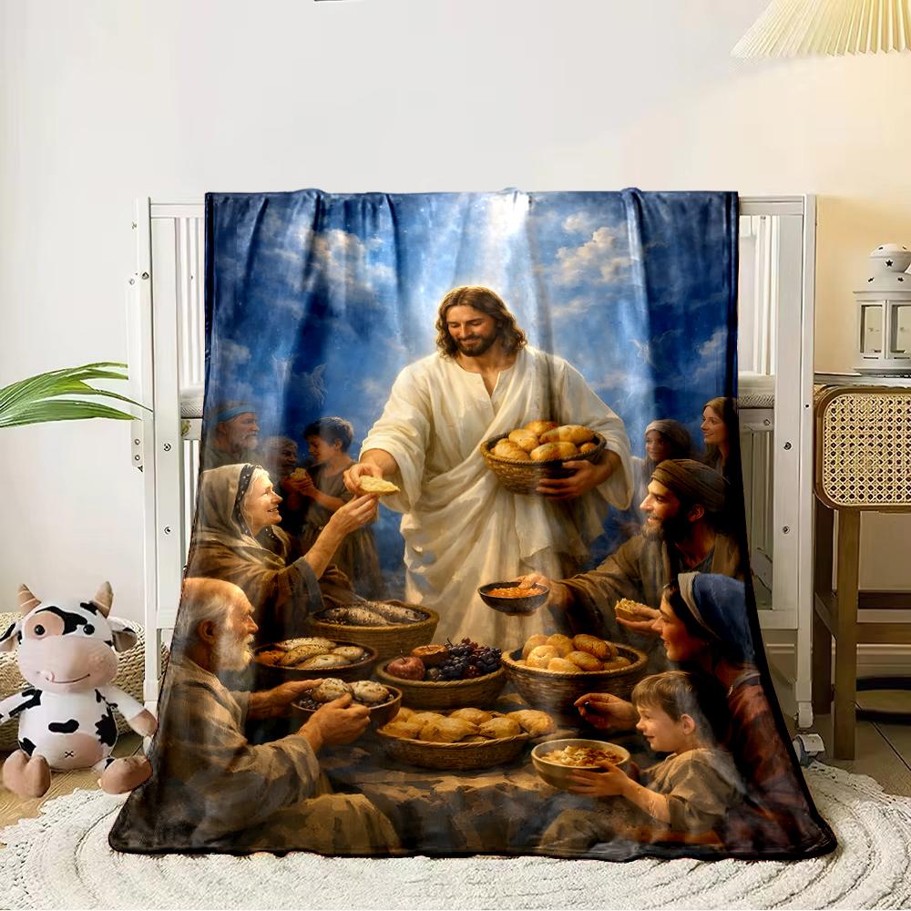 "Jesus Distributing Bread Illustration Blanket"Flannel blanket for bedroom, living room, sofa, and nap