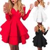 Elegant Women Long Sleeve V Neck Off Shoulder Large Swing Ruffled Hem Mini Dress