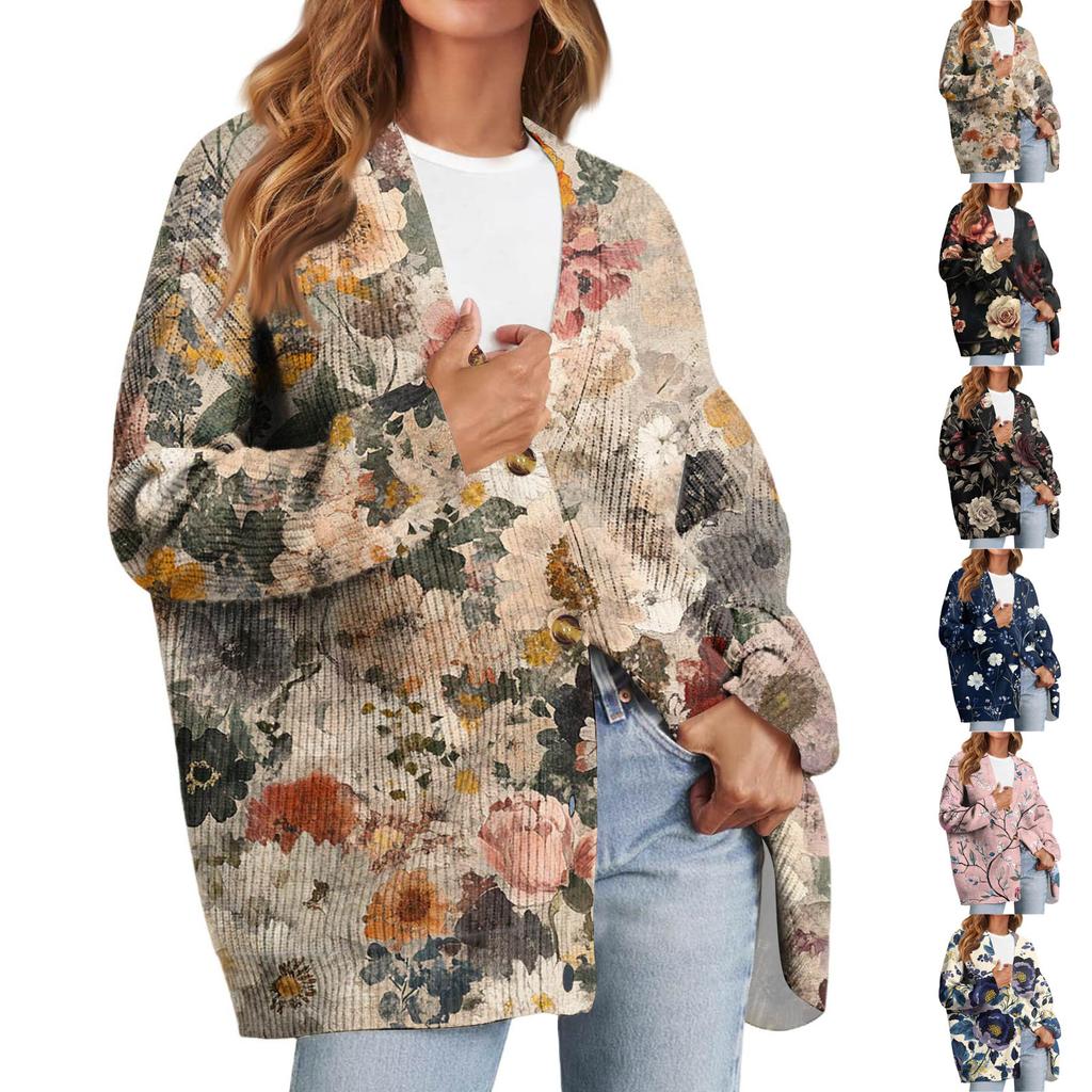 Женский модный кардиган с длинным рукавом, принтом, V-образным вырезом, на пуговицах, свободного кроя