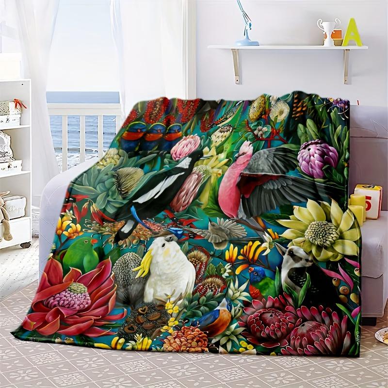 Floral Parrot Print Flannel Throw Blanket Soft Cozy Fleece for Sofa Bed Travel Camping Living Room All Season Decor Gift