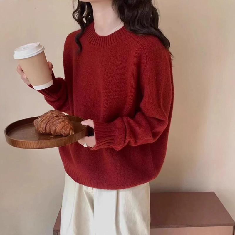 Ретро Ленивый Стиль Однотонный Свитер с Круглым Вырезом Женский Осень Зима Свободный Пуловер Вязаный Топ