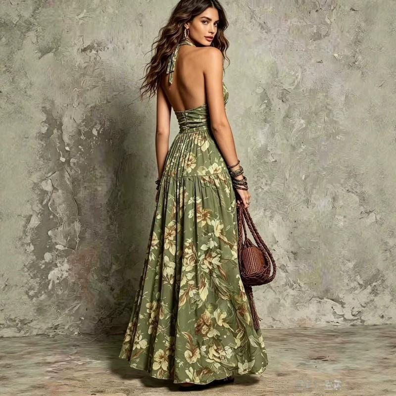 2026 Fashion Halter V-Neck Floral Print Backless Long Dress Women