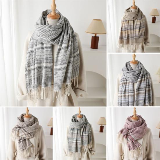 Women Scarf Striped Print Long Scarf Shawl with Tassel Trim Versatile Design Comfortable Shawl Wrap Fashion Accessories