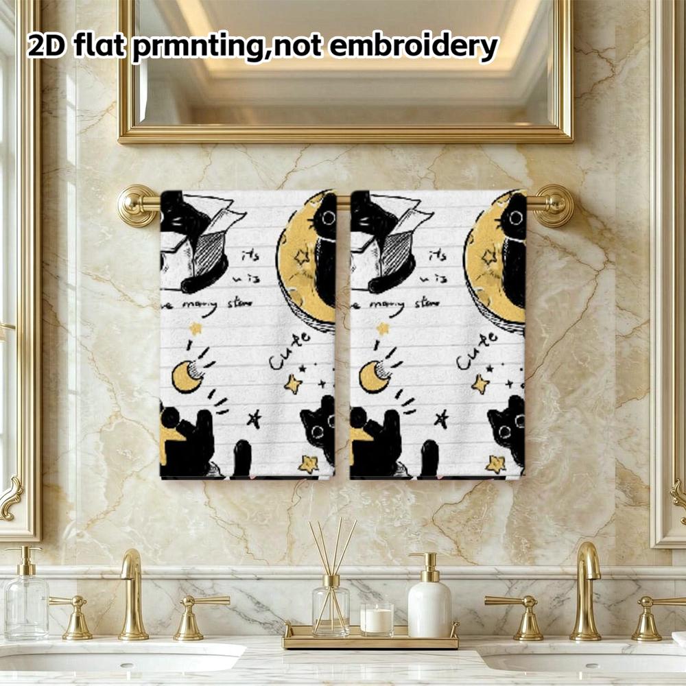 Moon Star Black Cat Sketch Soft Towel, Cartoon Print Absorbent Daily Hand Towel