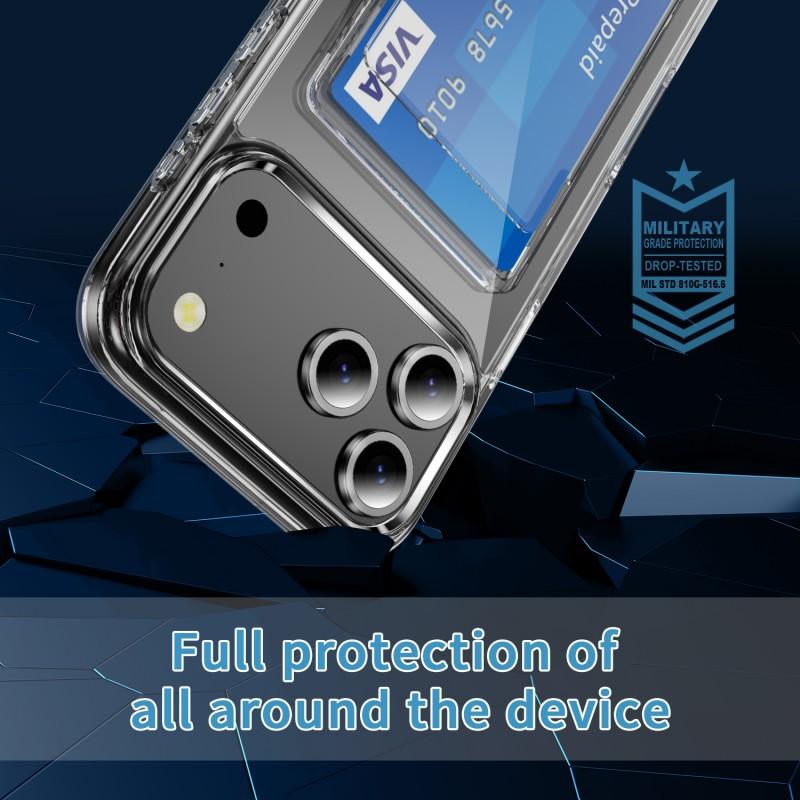 Прозрачный чехол для iPhone 17 Pro Max с 2 шт. защитной пленки WANLONFENG Серия CK1 Чехол с держателем для карт (Большое отверстие для линзы)