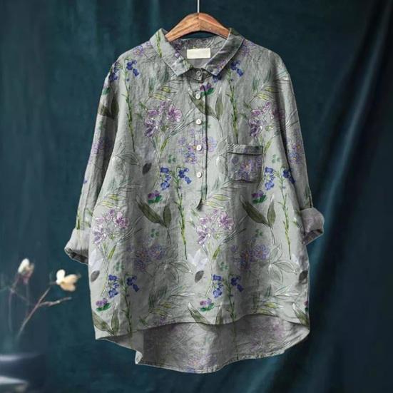 Женская рубашка с лацканами и пуговицами на рукавах 3/4, рубашка с вырезом, топы с цветочным принтом, свободная посадка, повседневная рубашка, тонкая блузка, уличная одежда