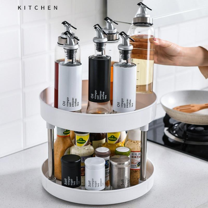 Вращающаяся стойка для хранения приправ, стойка для хранения косметики, 2-слойный поднос для банок со специями и солью, кухонный органайзер, экономящий место, полка, держатель для бытовых принадлежностей