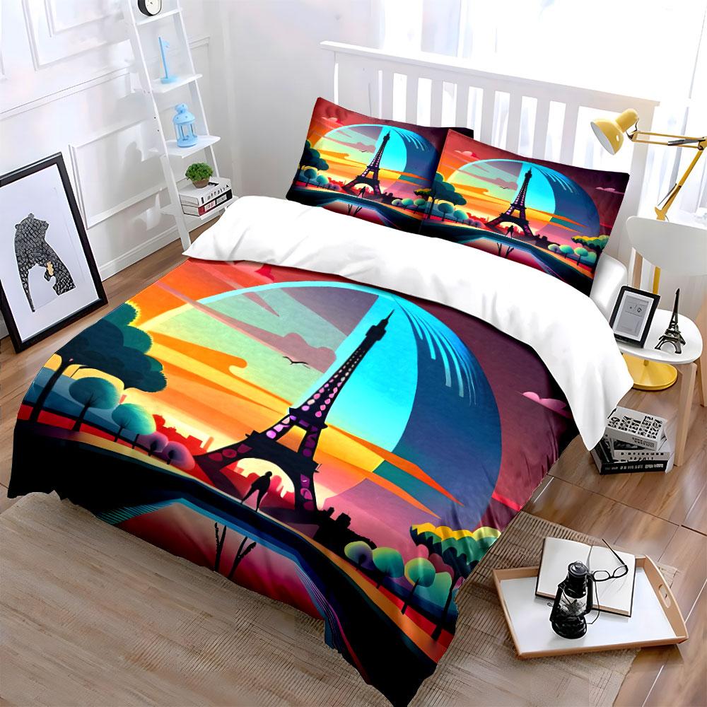 Eiffel Tower with sunset. Bedding sets Duvet cover sets Duvet covers Pillowcases(1*Duvet Cover 2*Pillowcases without duvet insert)