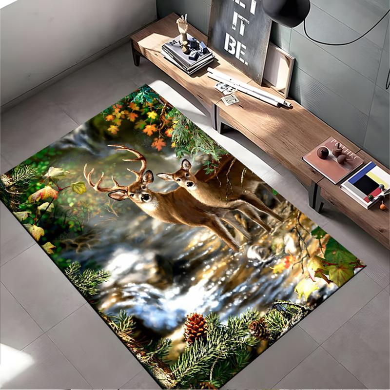 Deer in Forest by Stream Rug Design Non-slip rug suitable for living room and bedroom sofas.