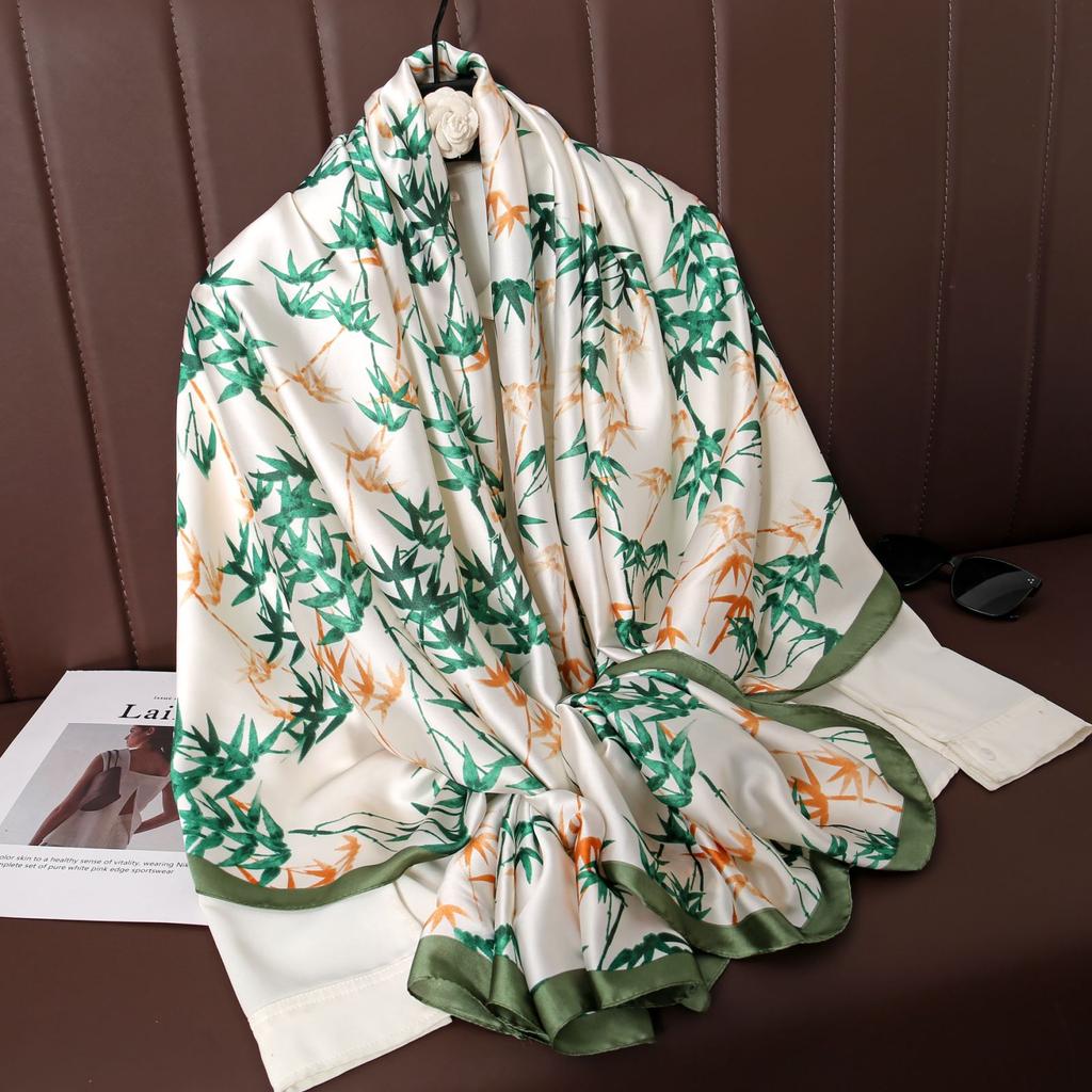 Литературное растение, листья бамбука, напечатанный шарф Li Jin, атласный длинный шелковый шарф, корейская версия темперамента женской шаль от солнца