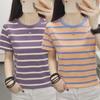 2023 Summer Women's Plus Size Cotton Striped Short-Sleeve Round Neck T-Shirt for Middle-Aged