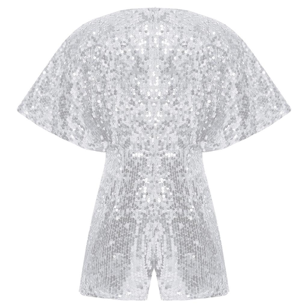 Девушки Блестящий Комбинезон с Пайетками V-образный вырез Рукав-колпачок Боди Костюм для Выступлений на Сцене на День Рождения