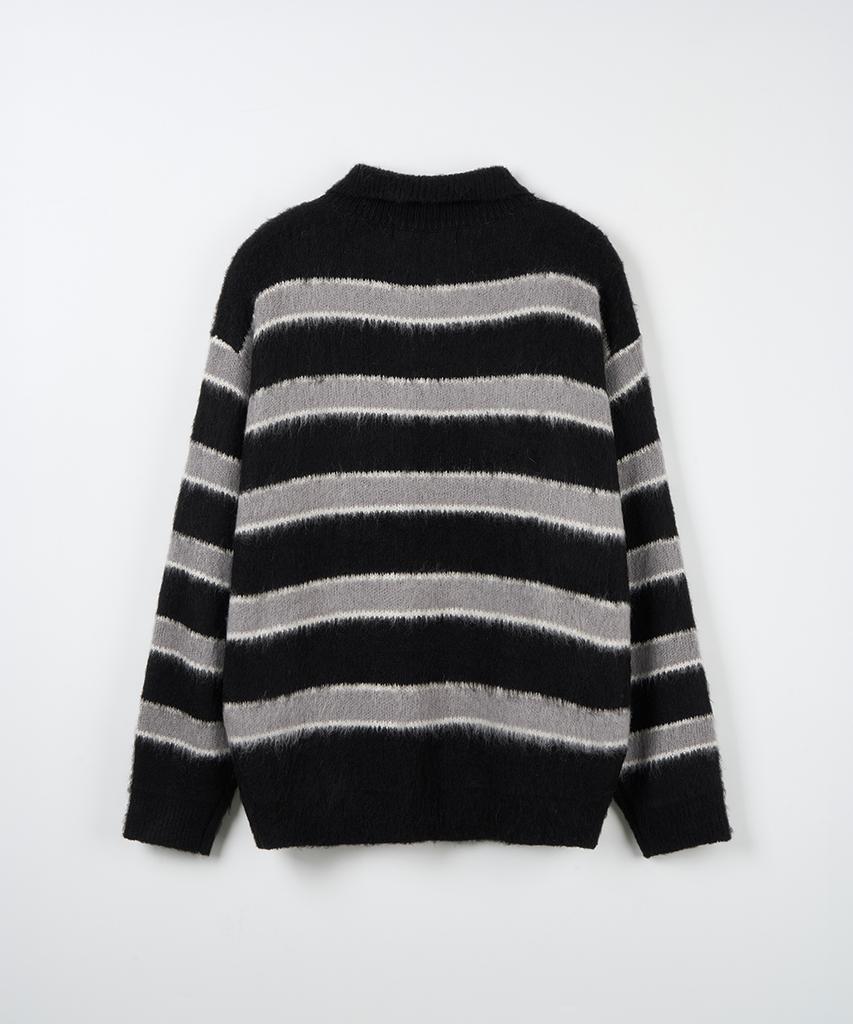 NODU Open Collar Striped Brush Knit [Black]