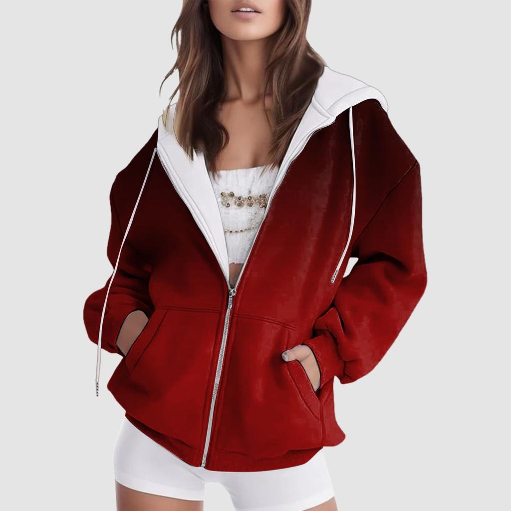 2024 Новая женская толстовка с капюшоном с градиентом, зимняя, с длинным рукавом, на шнурке, с капюшоном, с двойными карманами, на молнии, повседневная уличная одежда