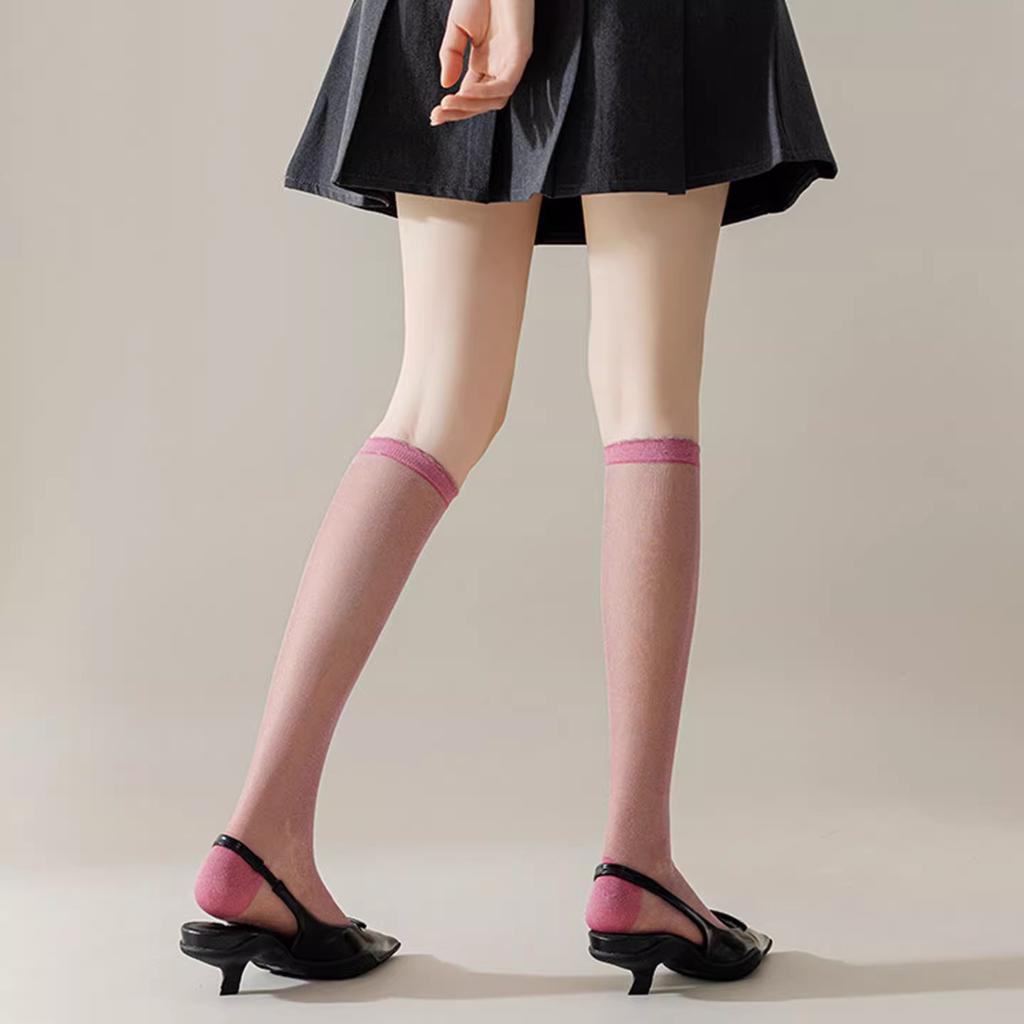 Korean Ice Silk Pearlescent Fine Flash Calf Socks Women'S Thin Transparent Gold And Silver Silk Knee Stockings Solid Color Jk Stockings