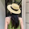Женская летняя шляпа от солнца соломенная плетеная в стиле ретро в английском стиле с плоским верхом, сплошная цветная шляпа с широкими полями, защита от УФ-лучей, пляжная кепка для отпуска