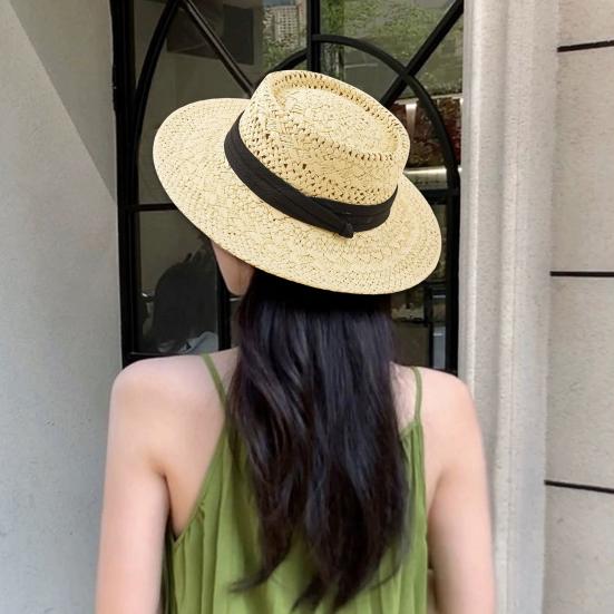 Женская летняя шляпа от солнца соломенная плетеная в стиле ретро в английском стиле с плоским верхом, сплошная цветная шляпа с широкими полями, защита от УФ-лучей, пляжная кепка для отпуска