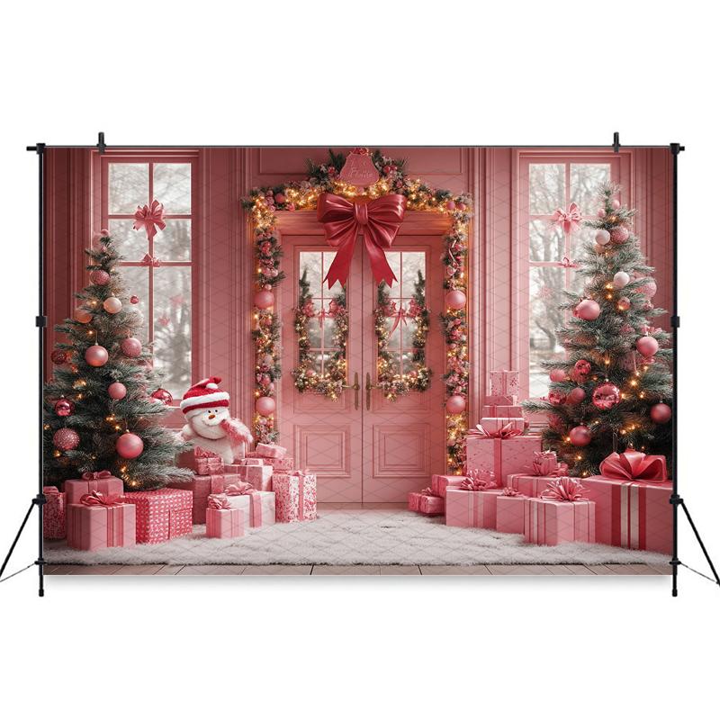 Mocsicka Pink Christmas Home Background Photography Gifts Snow Door Kid Xmas Tree Backdrop Party Shooting Room Decoration Studio