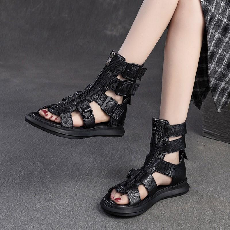 Johnature Genuine Leather Sandals Back Zipper Peep Toe Breathable Hollow-out Boots Women's Shoes