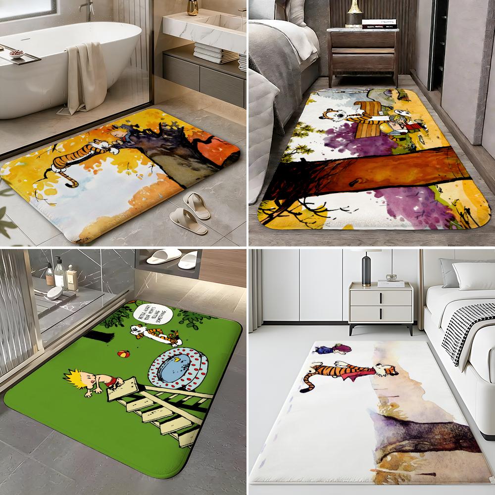 C-Calvin And Hobbes Self-adhesive Art Floor Mat Soft Flannel Entrance Door Mat Non Slip Absorbent Bathroom Bedroom Floor Rug