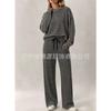 Women Striped 2 Piece Outfit Long Sleeve Crew Neck Top And Drawstring Wide Leg Pants Set Casual Loungewear Pajama Suit