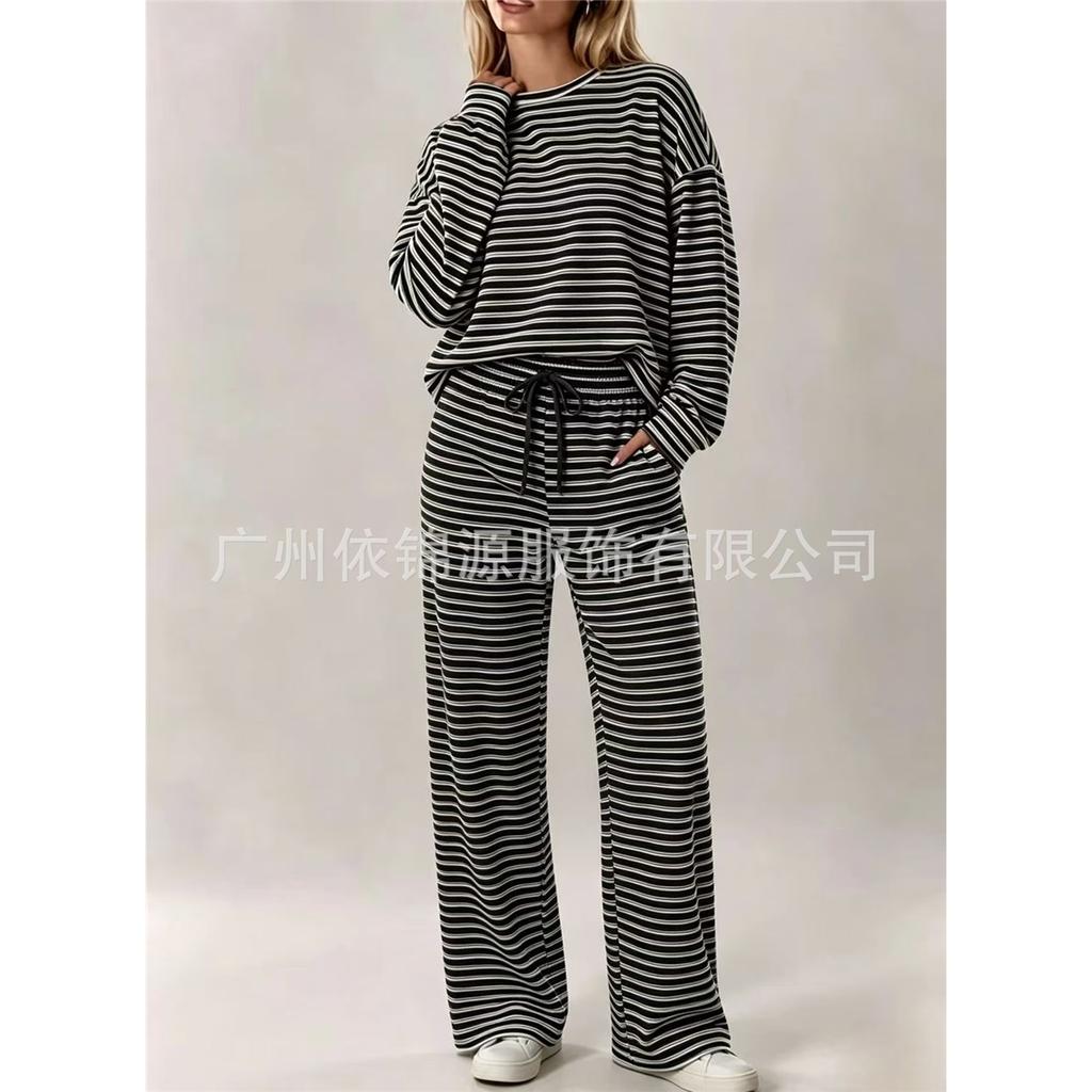 Women Striped 2 Piece Outfit Long Sleeve Crew Neck Top And Drawstring Wide Leg Pants Set Casual Loungewear Pajama Suit