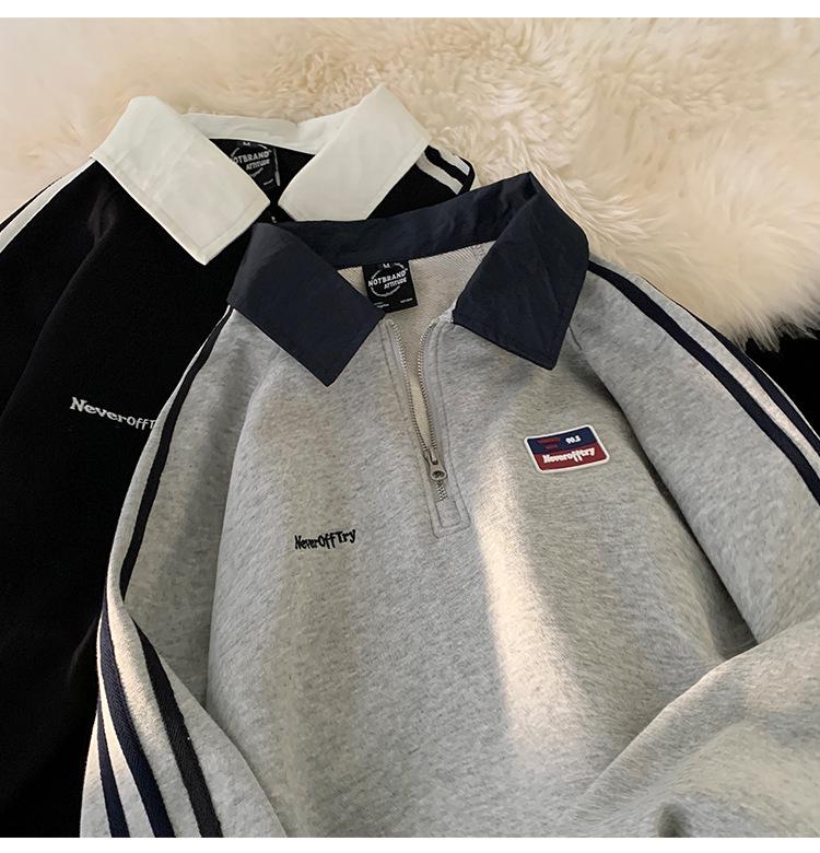 Мужской японский ретро серый поло-свитшот на молнии до половины - Куртка с длинным рукавом на весну/осень