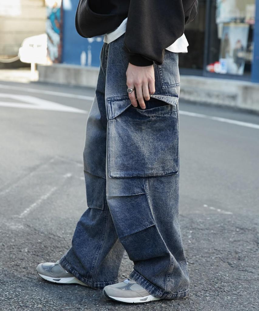 WEGO Средний Деним Легкие Карго Широкие Штанины Корейский Средний Средний Деним Мужские Брюки, Брюки, Уличная Одежда, Спорт, На Открытом Воздухе, Стиль, Весна, Лето, Осень,