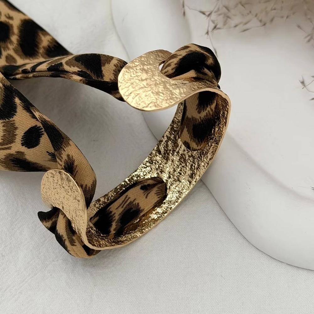 Polka Dot Ribbon-Wrapped Metal Wide Bracelet Leopard Print Silk Scarf Bracelet Cuff Bangle Women