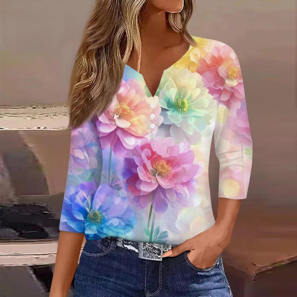 Women's T Shirt Tee Print Button 3/4 Sleeve Daily Weekend Fashion Basic V Neck Regular Top