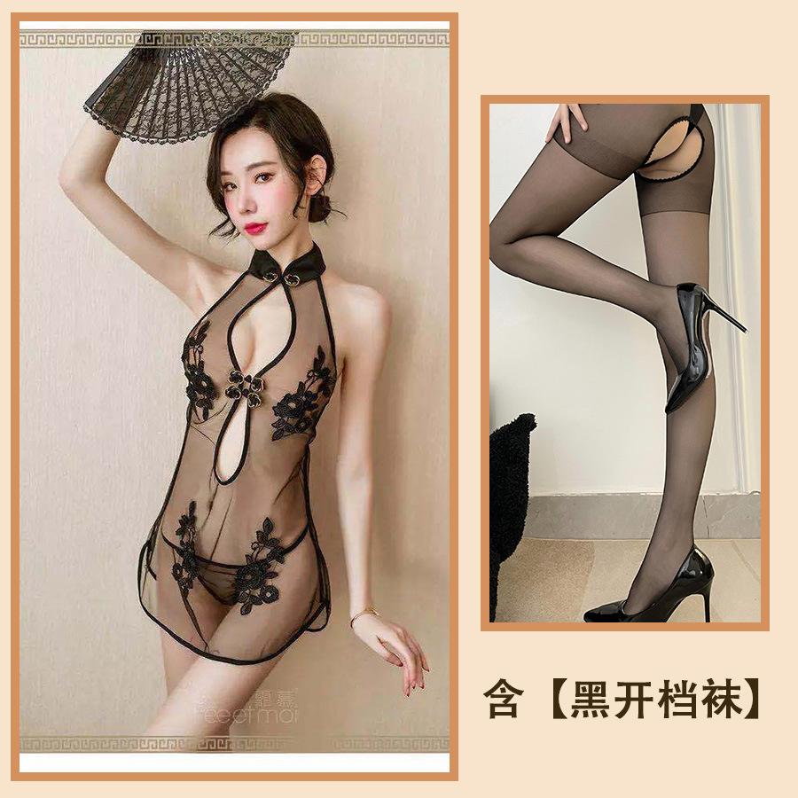 Sex lingerie sexy cheongsam women's transparent lace nightdress blood drops tease passion seduction suit