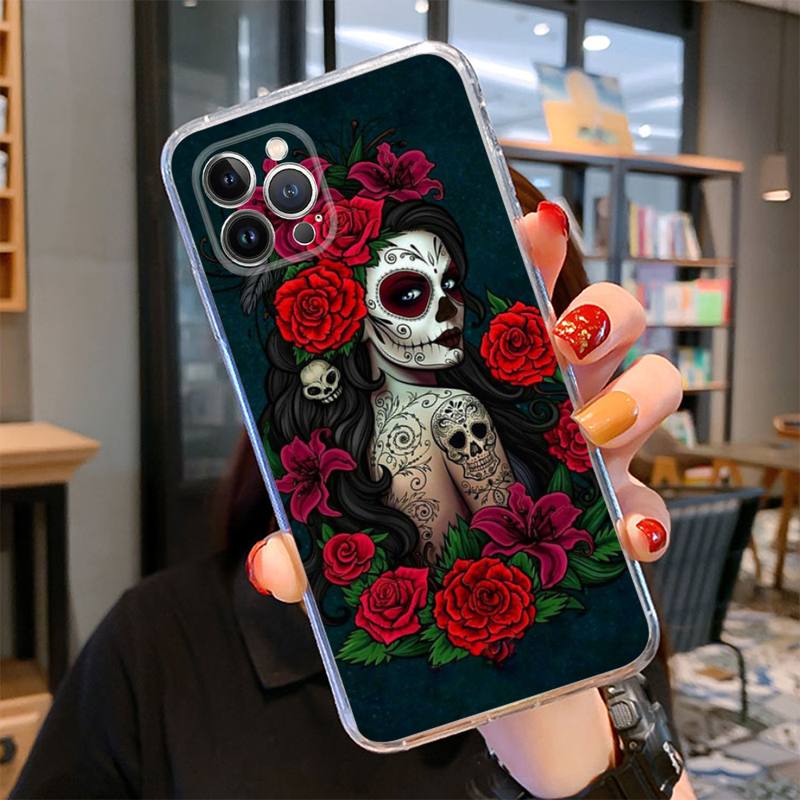 Catrina Beautiful Rose Girl Skull Phone Case For iPhone 14 13 12 11 Pro Max XS X XR SE 2020 6 7 8 Plus Mini Transparent Shell