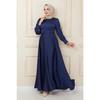 Waist Pleat Detailed Belted Evening Dress Navy Blue 1595