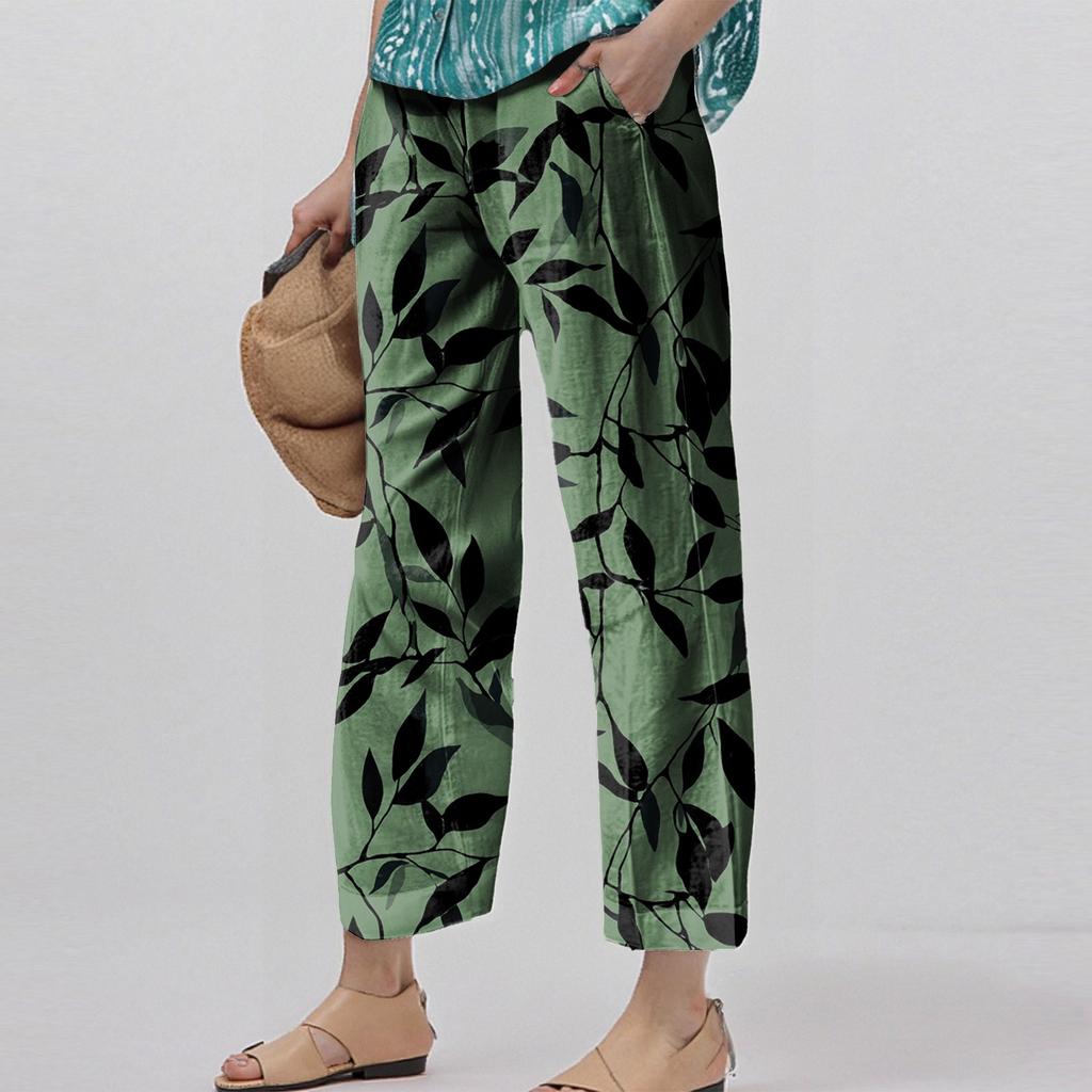 Женские модные повседневные брюки с цветочным принтом, прямые брюки с карманами и эластичной талией