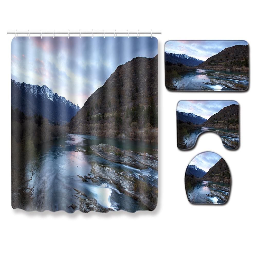 Landscape Shower Curtain Floor Mat Combination Four-Piece Set Bathroom Toilet Carpet Shower Room Mat Foot Mat