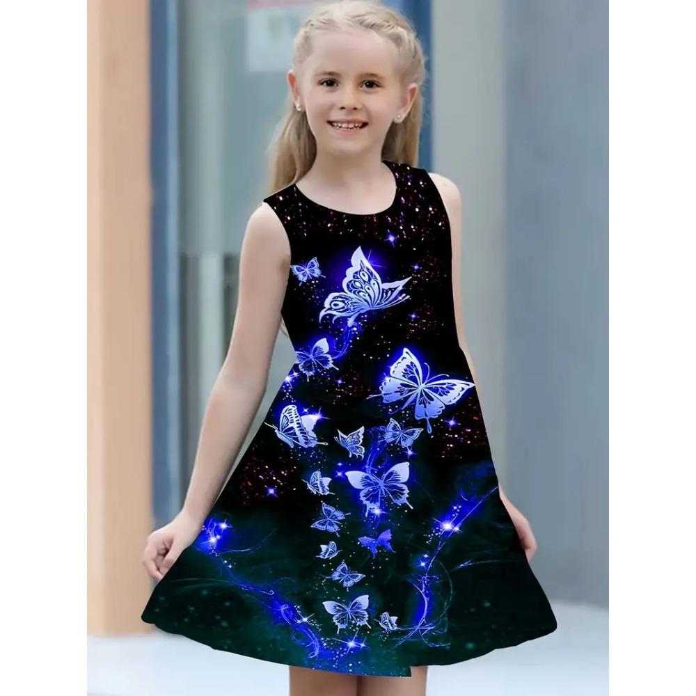 Fashion Girls Dresses Summer New Round Neck Vest Style 3D Printing Princess Skirt