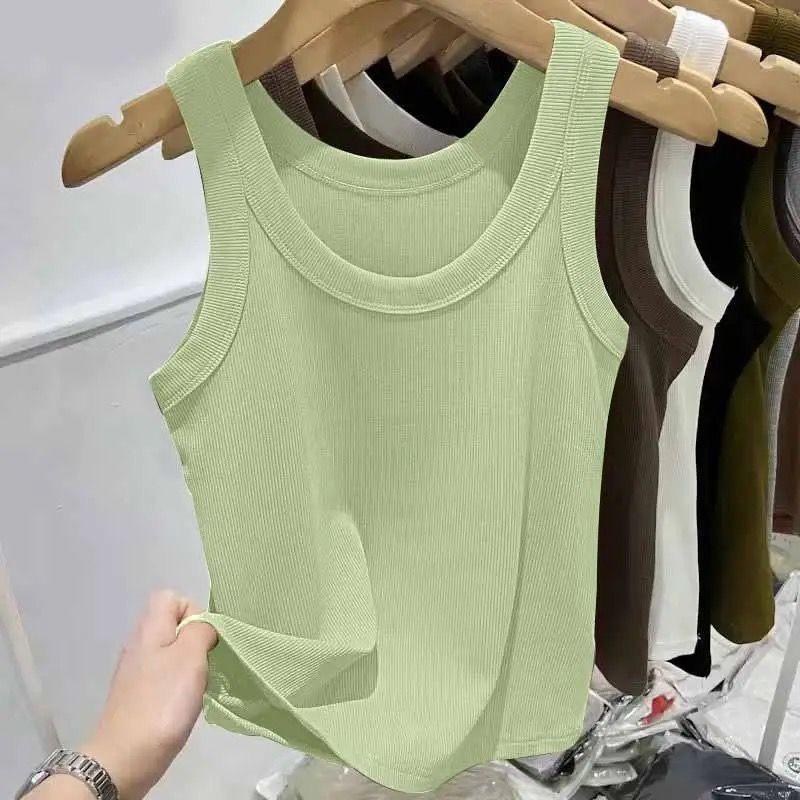 Женский топ на бретельках в рубчик из ледяного шелка с U-образным вырезом и бретельками для весны и лета