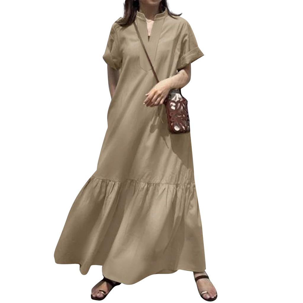 Женские платья с стойкой, коротким рукавом, V-образным вырезом, повседневные, свободные, с длинными рукавами, с А-силуэтом
