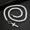 Vnox Stainless Steel Cross Pendant Necklace for Men Women, Imitation Pearl Beaded Chain Collar, Religion Faith Prayer Jewelry