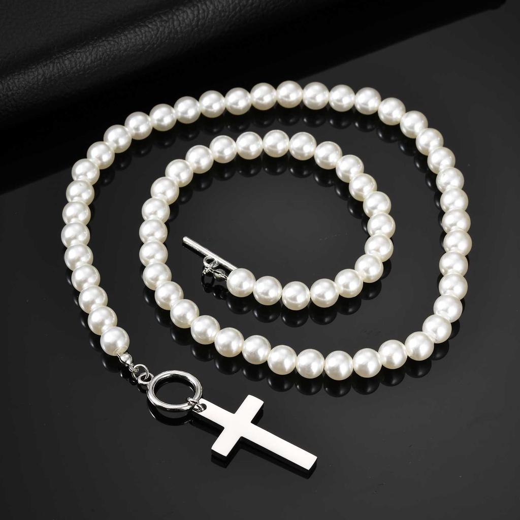 Vnox Stainless Steel Cross Pendant Necklace for Men Women, Imitation Pearl Beaded Chain Collar, Religion Faith Prayer Jewelry