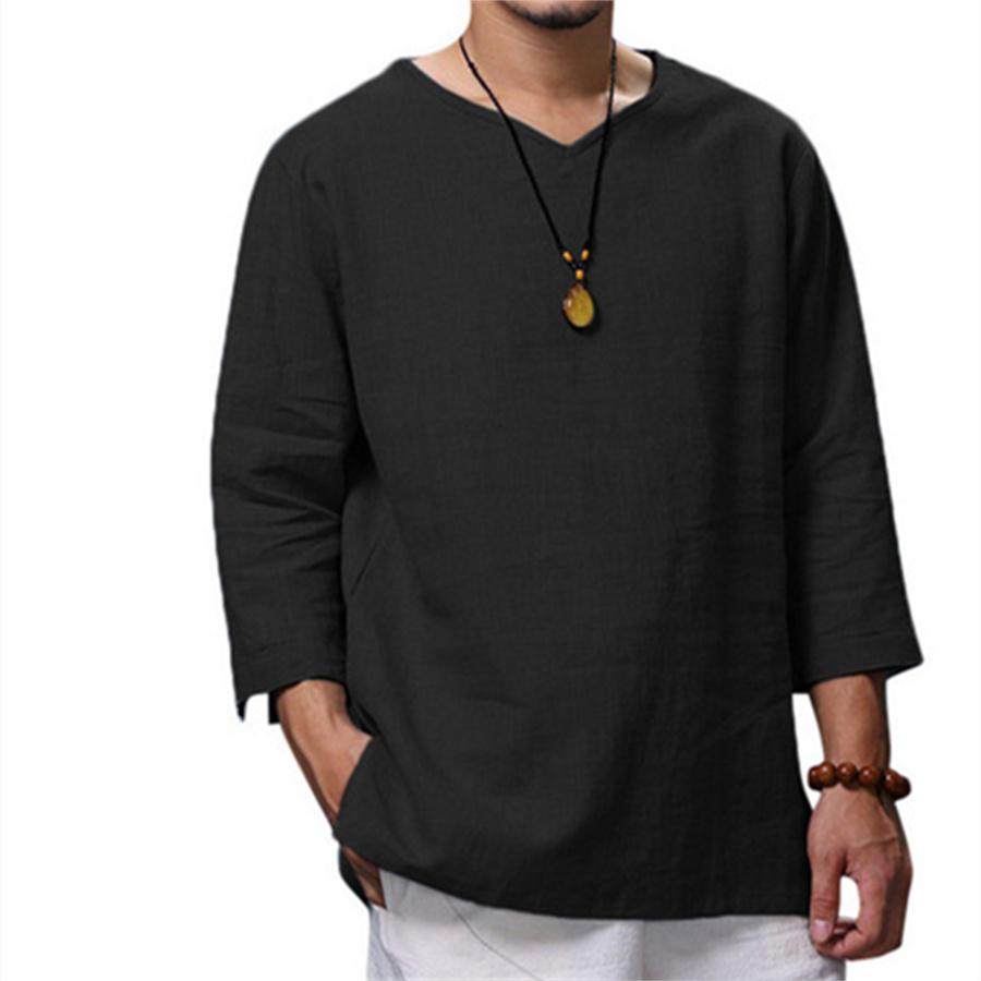 Мужская рубашка свободного кроя из хлопка и льна с длинным рукавом и v-образным вырезом