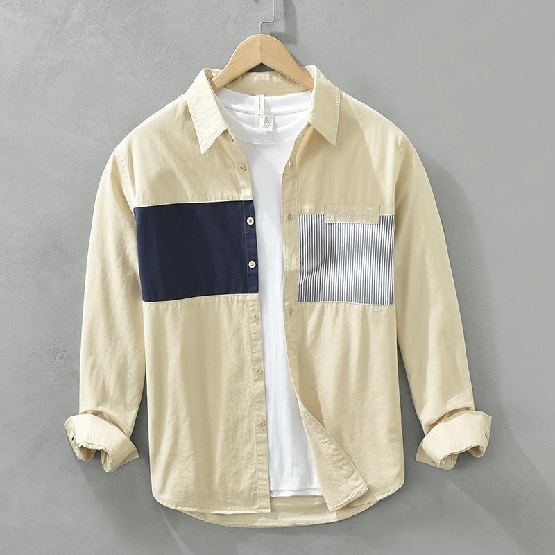 Весенние и летние белые рубашки с длинным рукавом для мужчин, уличные полосатые рубашки в стиле пэчворк, мужские повседневные топы из чистого хлопка, молодежная модная мужская одежда