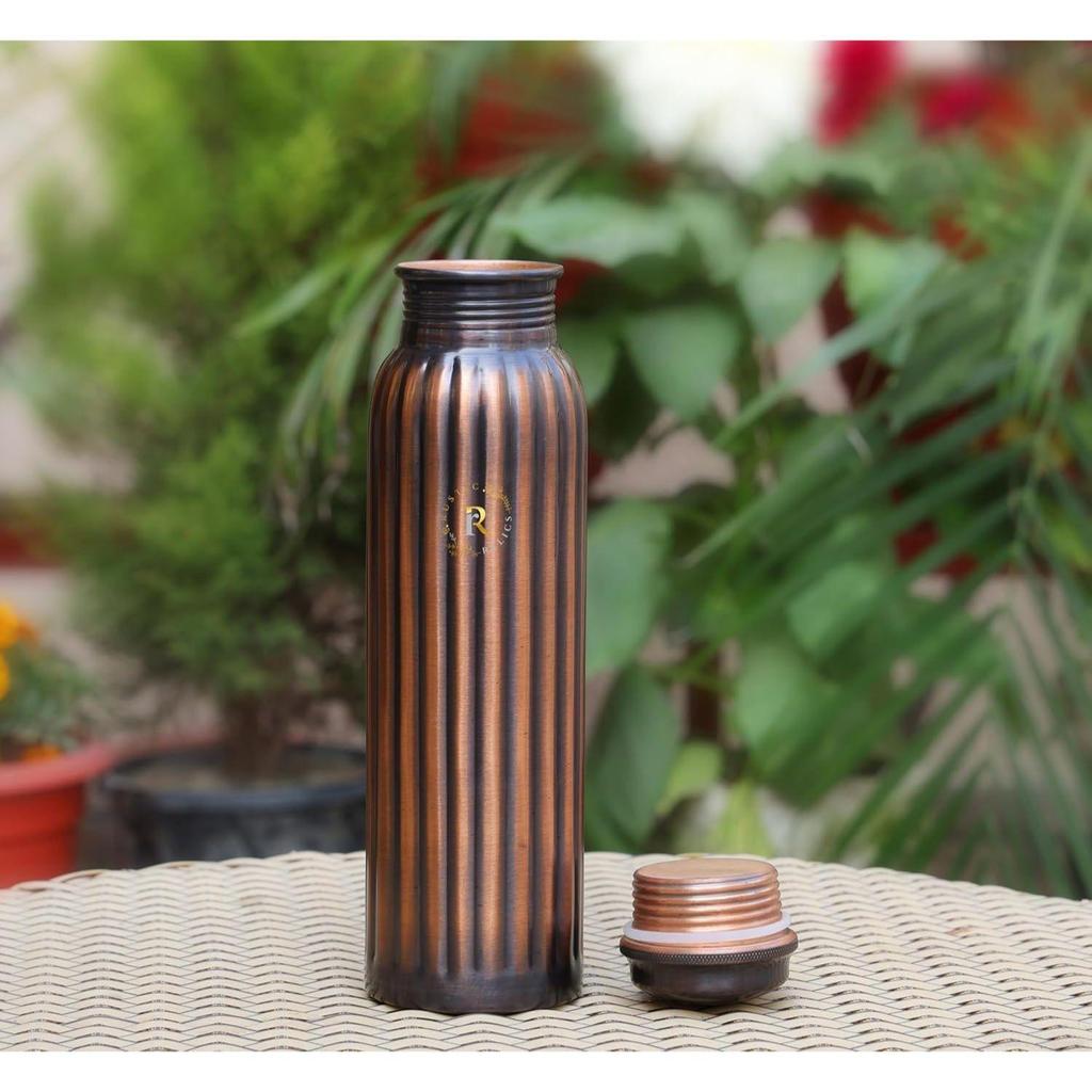 Pure Copper Water Bottle - 1L Hand Made | Antique Rope Design With Leak-Proof Lid | Ayurvedic Copper For Health Benefits |