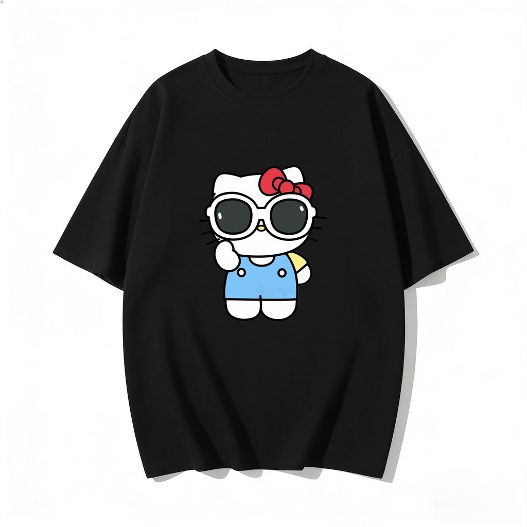 2026 Summer Hello Kitty Cartoon Printed Short Sleeve Pure Cotton Tshirts Womens Family Matching Outfits Harajuku Y2k Tops Tee