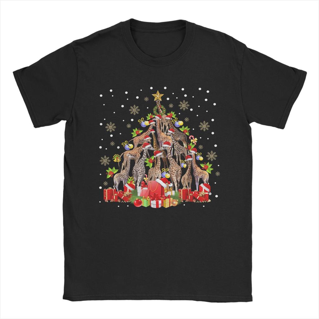 Giraffe Christmas Tree Light Sweater Xmas Ugly T-Shirt Harajuku T-Shirts Short Sleeve Funny Tops Cotton Round Neck Top Tees