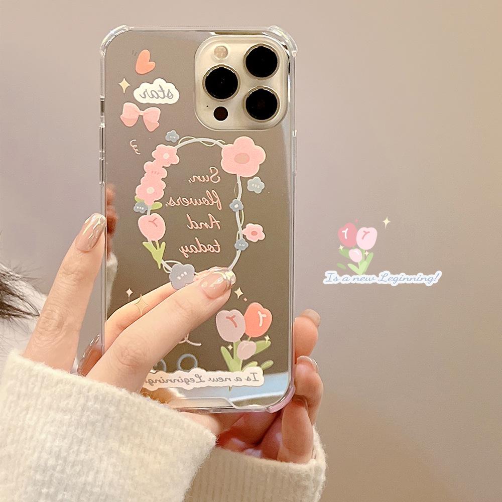 Fresh Small Floral Iphone14 Apple Suitable for 16Promax Mobile Phone Case 15 Silicone 11 12 Makeup Mirror X